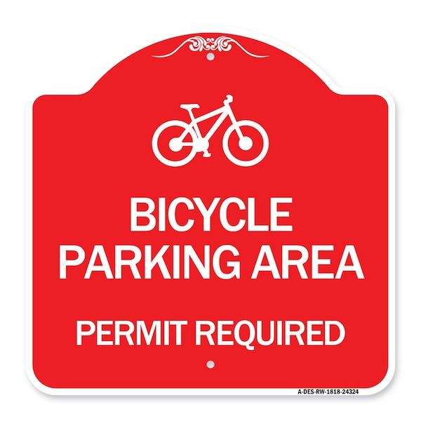 Bicycle Parking Area-Permit Required W/ Graphic, Red & White Aluminum Sign, 18" x 18", RW-1818-24324
